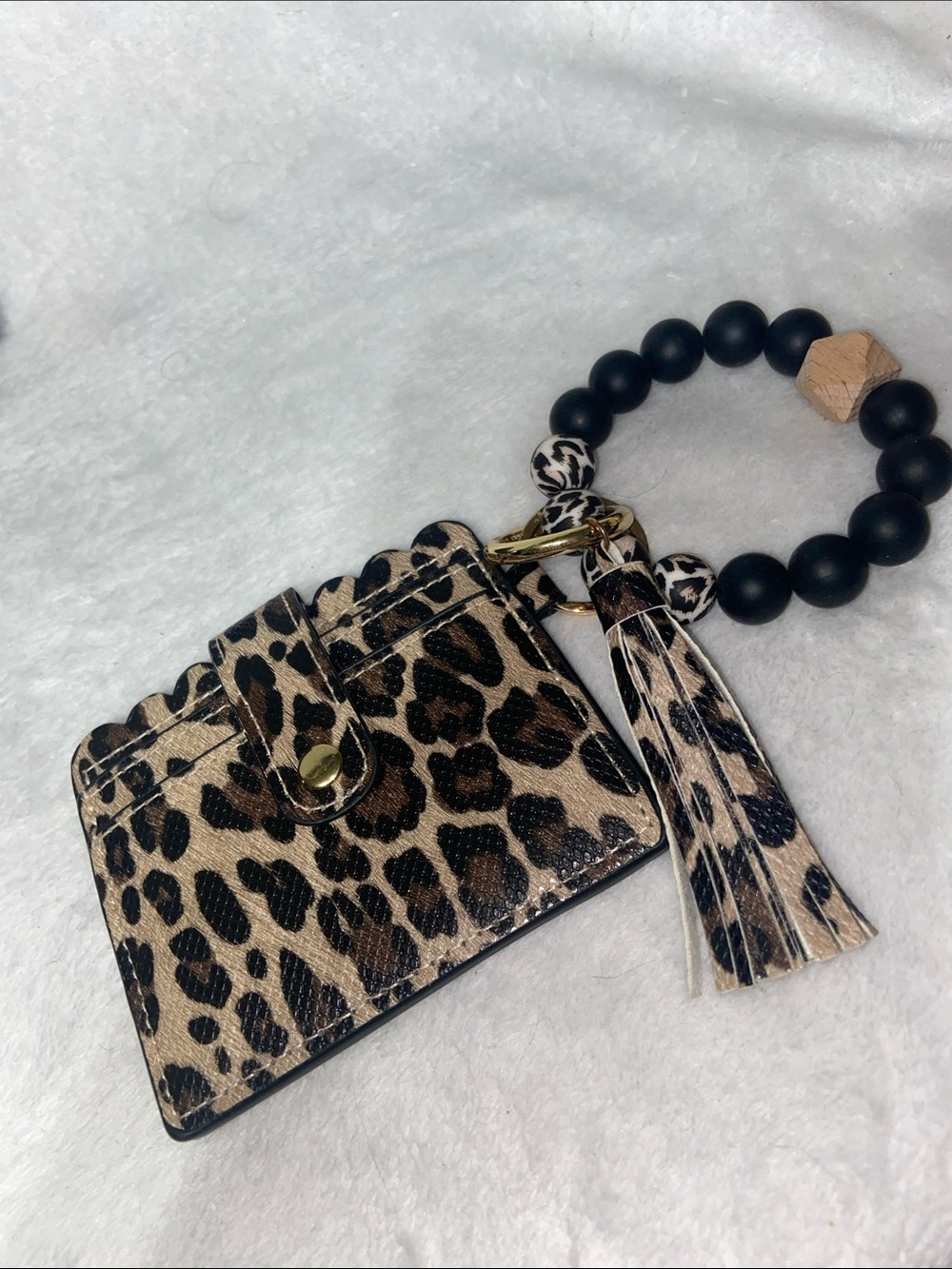 Leopard Print Card Holder Keyring with Tassel Bracelet